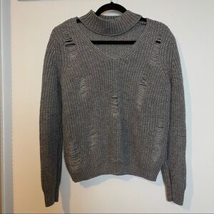 Derek Heart Gray Distressed Long Sleeved Lightweight Sweater with Cutouts